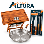 Kit Churrasco Completo 3 em 1 – Mesa Dobrável + Frigideira Inox + Kit Tramontina